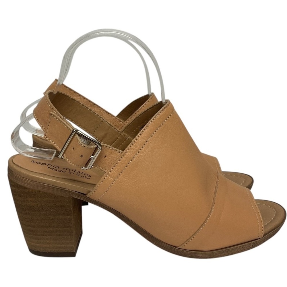 Sophia Milano Women's Block Heel Sandals Peep Toe Slingback Buckle‎ Tan Size 9.5